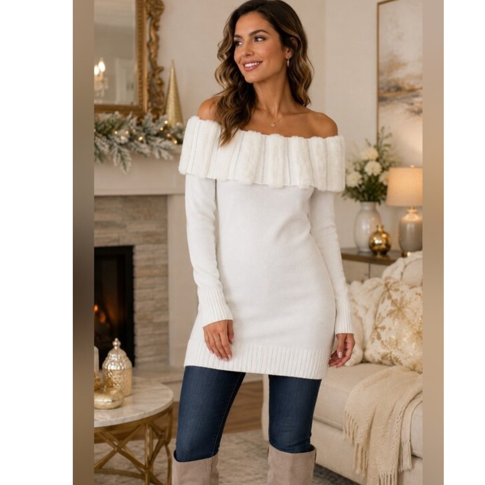 Radzoli White Faux Fur Rhinestone Off Shoulder Tunic Sweater XL